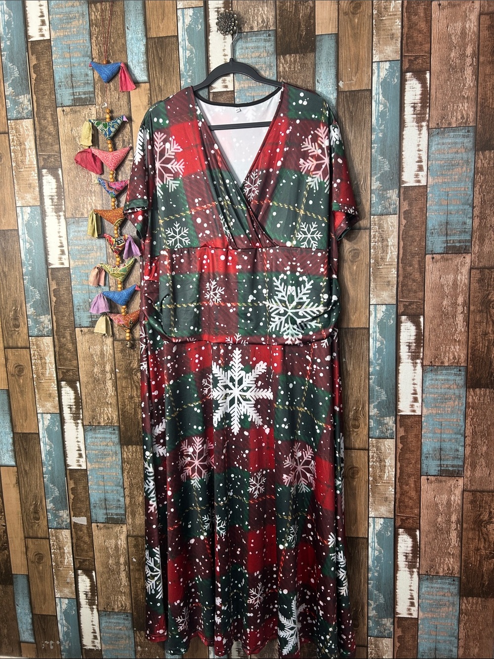 Women's Red and Green Snowflake Plaid Maxi Dress